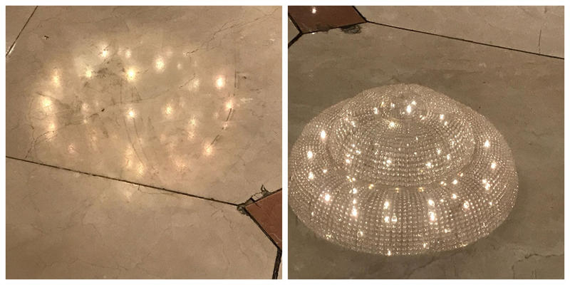 Marble floor reflecting chandelier before and after Orbot restoration