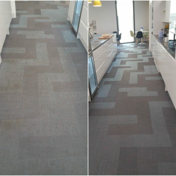 Comparison image showing the before and after results of a specialist Bolon woven vinyl floor restoration at M7 Real Estate, London, by Prestige.