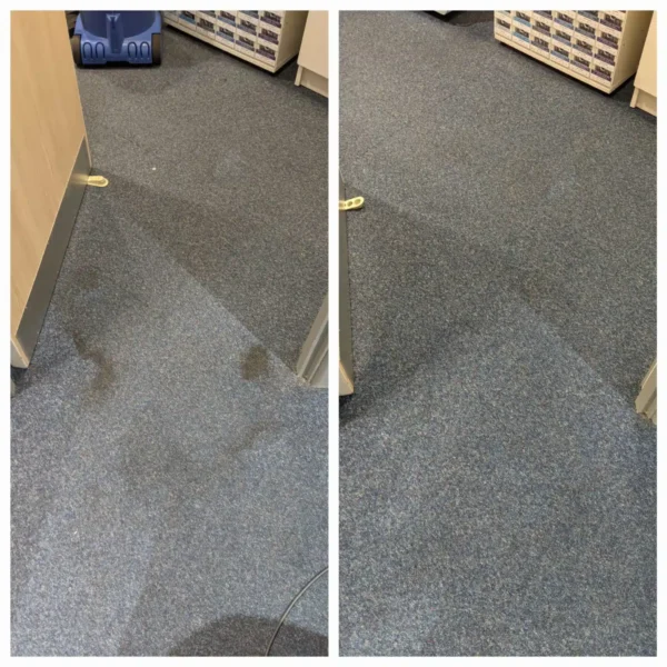 Before and after comparison of restorative carpet tile cleaning in a high-traffic office area at Boots London Wall, showing heavy stain removal.