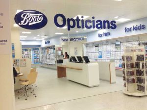 Front exterior of Boots Opticians, London Wall.