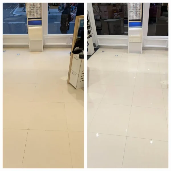 Deep cleaning results for commercial floor tiles at Boots Opticians, London Wall – specialist tile and grout restoration by Prestige.