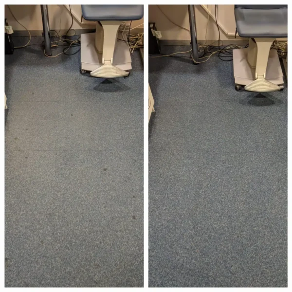 Before and after comparison of specialist carpet tile cleaning in a Boots Opticians treatment room, showcasing restorative results around sensitive clinical equipment.
