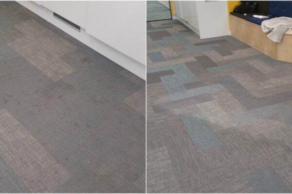 Before and after results of specialist Bolon floor cleaning at a City of London office near Monument, using the manufacturer-recommended Host Orbot system