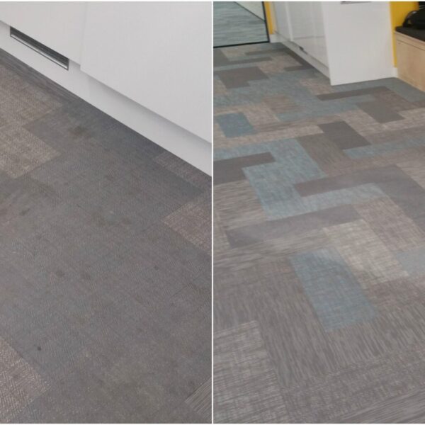 Specialist Orbot machine performing a restorative clean on Bolon woven vinyl flooring, showing the immediate contrast between soiled and restored areas.