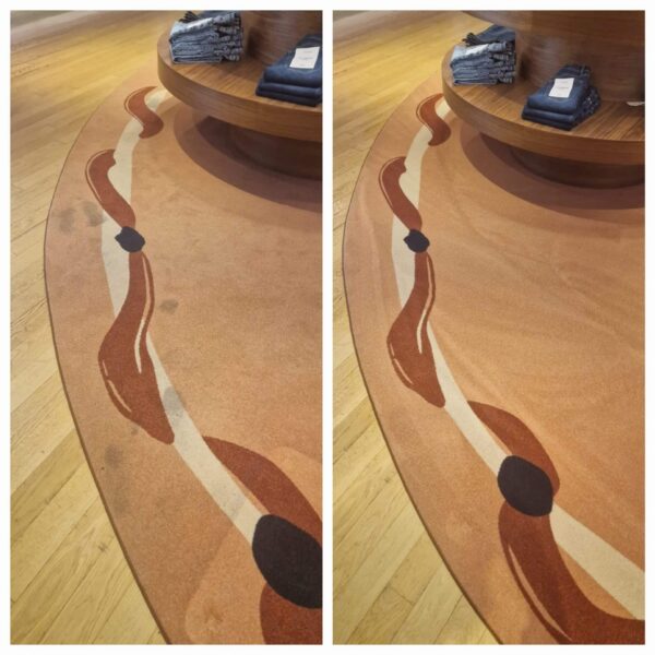 Before and after of rug cleaning at Selfridges London, showing stain removal and colour restoration