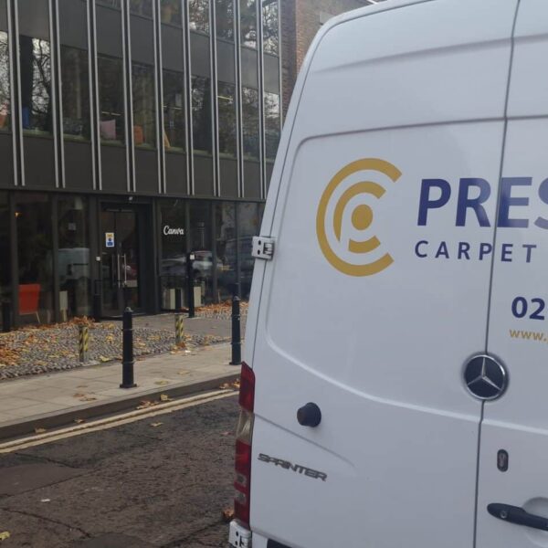 The Prestige Commercial cleaning van parked at Hoxton Square outside the Canva London headquarters.