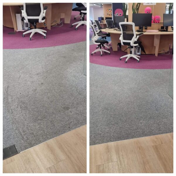 Side-by-side before and after comparison of heavily stained carpet tiles between the kitchen and office area at Octopus Energy, restored using VLM cleaning.