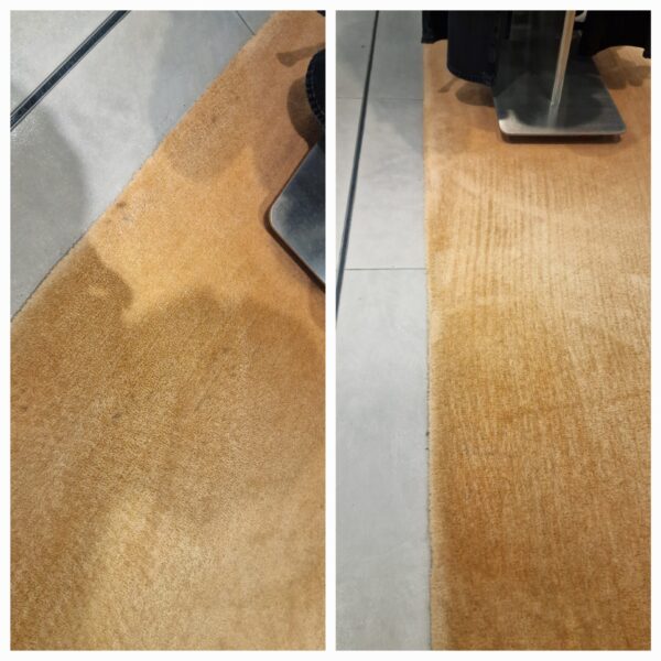 large-rug-cleaning-harrods-knightsbridge-before-after.jpg Before and after comparison of a large luxury rug at Harrods, Knightsbridge, showing the removal of heavy traffic stains and final professional grooming.