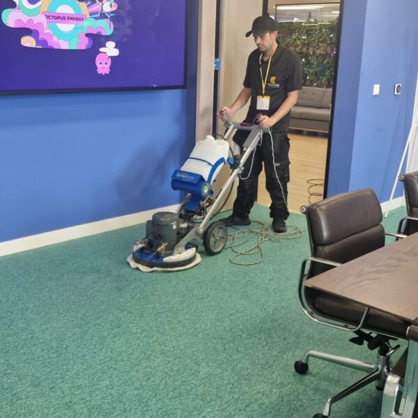 Professional restoration of a large boardroom carpet at Octopus Energy HQ, Oxford Street, using the HOS Orbot low moisture system.