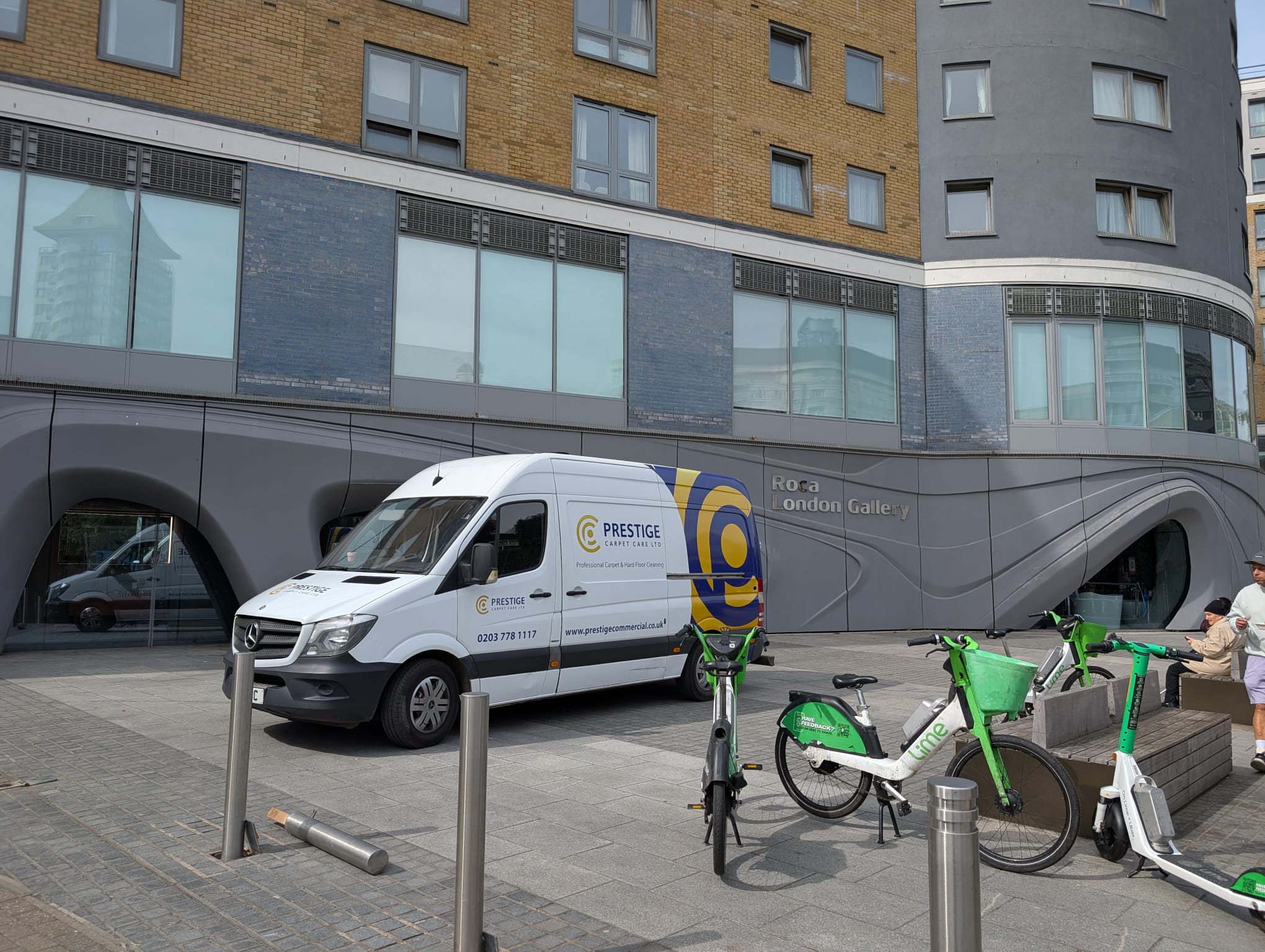 Prestige Commercial carpet cleaning van parked outside the iconic Roca London Gallery at Station Court, London SW6.