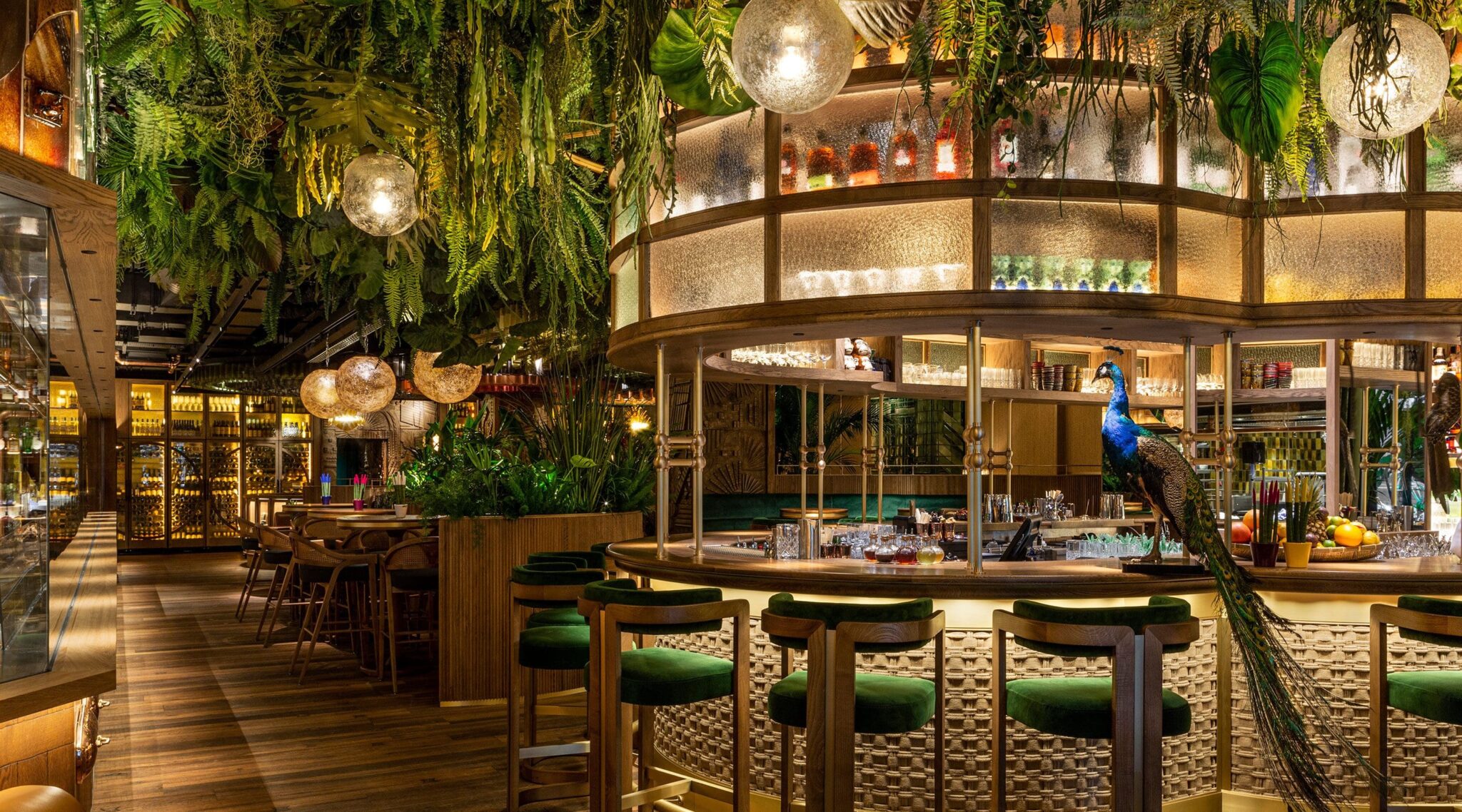 Luxury interior of Amazónico London in Berkeley Square, showing perfectly maintained restaurant carpets and rainforest-themed decor.