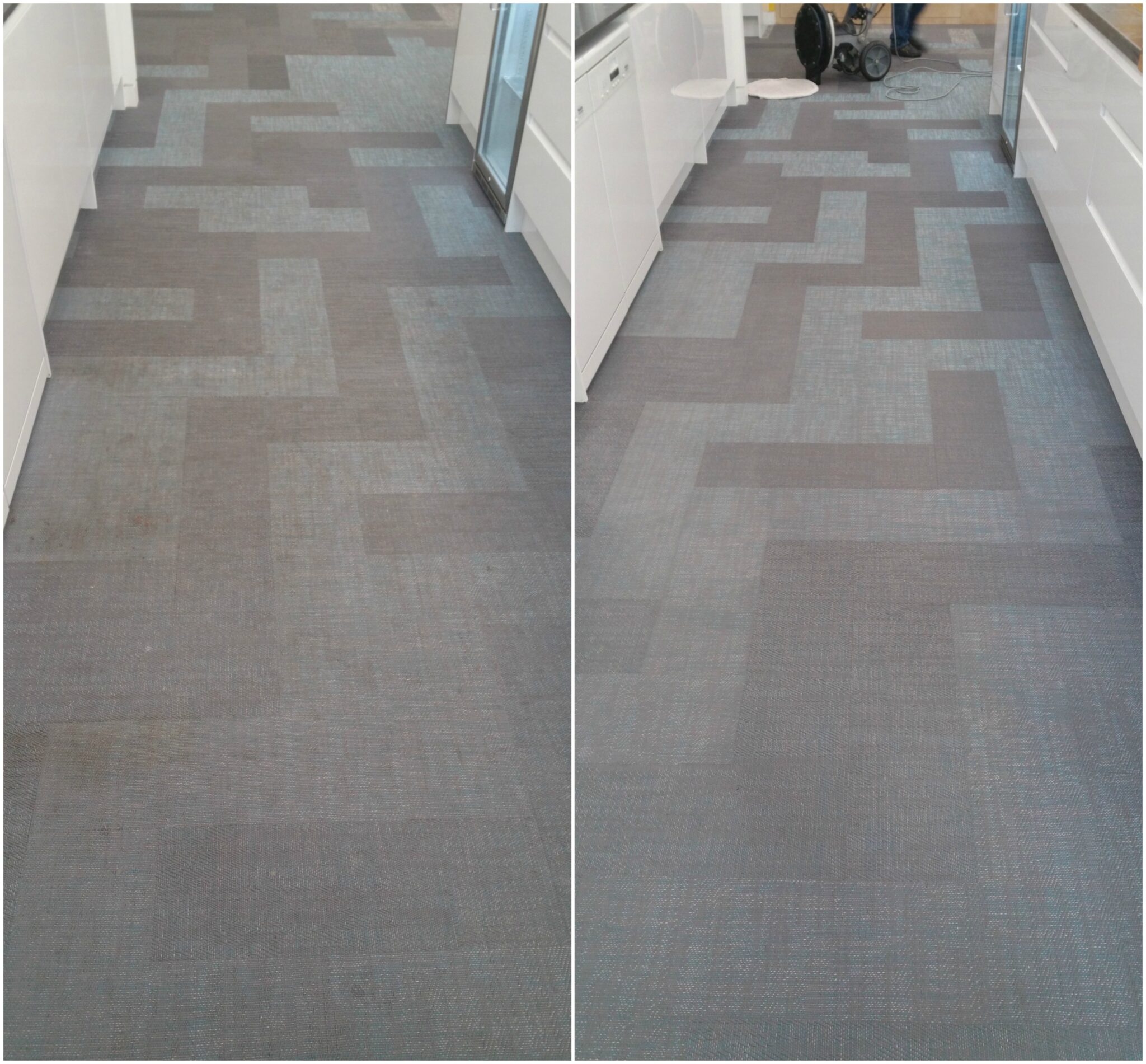 Comparison of Bolon floor restoration: Before and after cleaning with HOS Orbot in a London office.