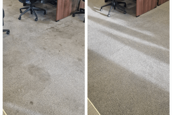 Before and after results of a neglected office carpet restoration in Canary Wharf, London, removing oil and deep-set office spills without moving large furniture