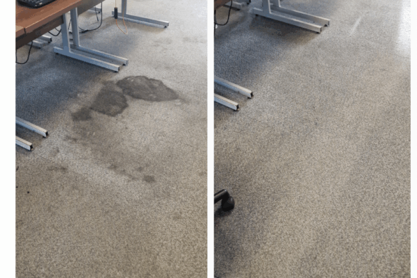 Before and after results of a successful carpet tile restoration on Oxford Street, London, using enzyme-based encapsulation after a previously failed cleaning attempt by another company