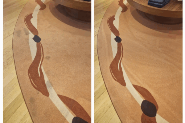 Before and after results of a large luxury rug cleaned in situ out-of-hours at Selfridges, Oxford Street, London.