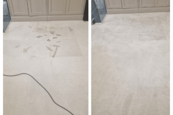 Before and after professional office carpet stain removal in Manchester Square, Marylebone, completed as an urgent 90-minute turnaround for a corporate meeting.