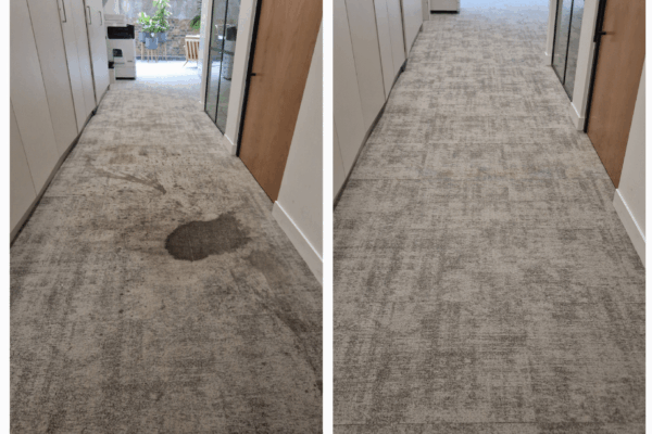 Before and after results of a professional deep extraction clean on heavily stained office carpet tiles at Wells Mews, Fitzrovia, London W1.