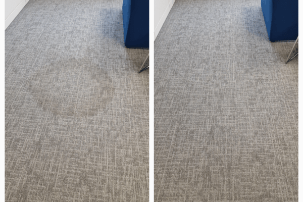 Before and after results of a permanent water stain removal at an office on Pall Mall, St. James's, London, using a low-moisture system to prevent wicking.
